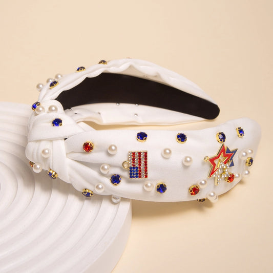 American Flag Rhinestone Pave Charm Crystal Pearl Headband-WHITE