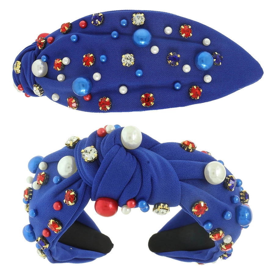 American Flag Crystal Pearl Beaded Headband-BLUE