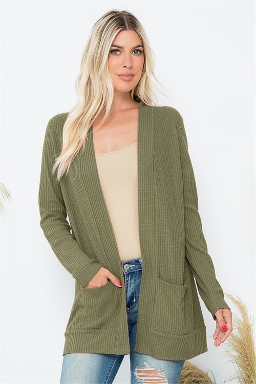 ALL Sizes: Kids & Womens Waffle Knit Cardigan-Army Green