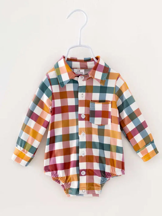 Autumn Plaid Boys Button Up Romper