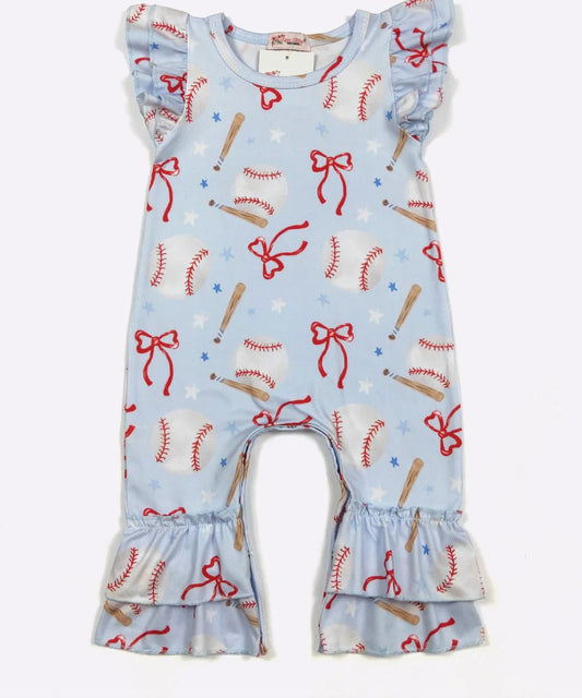 Baseball N Bows Ruffle Romper