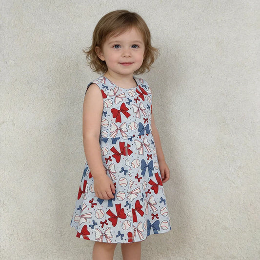 Baseball Bows Patriotic Girls Athletic Dress