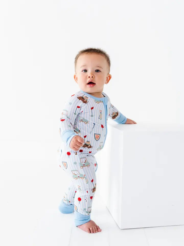 Kiki + Lulu: Blue Caddy Golf Print Bamboo Zippy Romper