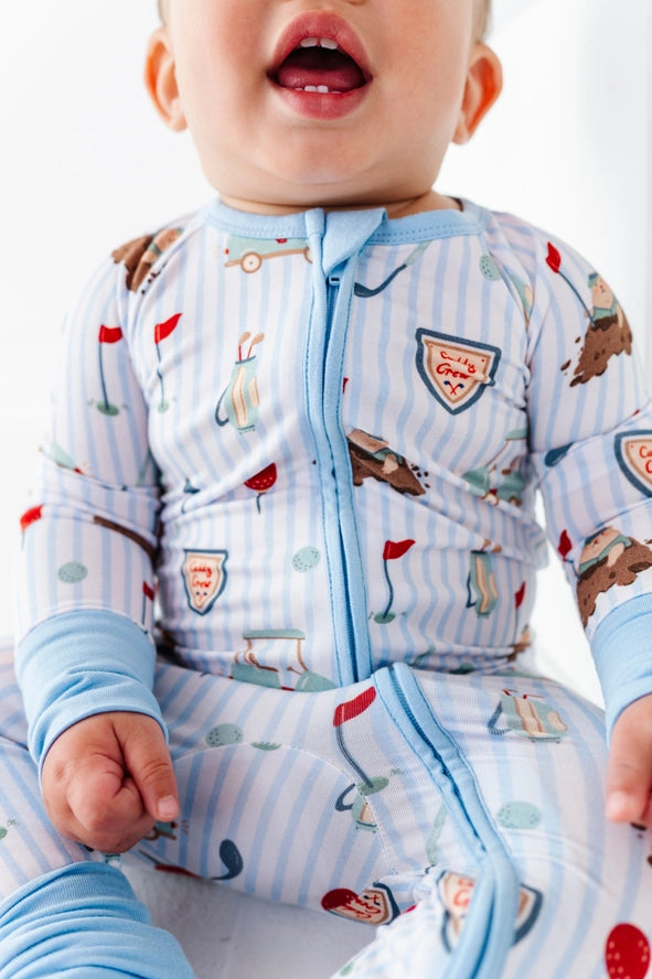 Kiki + Lulu: Blue Caddy Golf Print Bamboo Zippy Romper