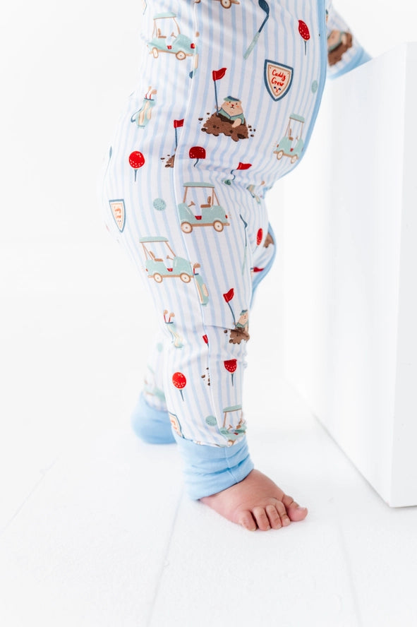 Kiki + Lulu: Blue Caddy Golf Print Bamboo Zippy Romper