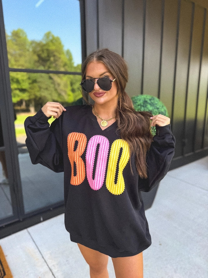 BOO Striped Split Neck Crewneck