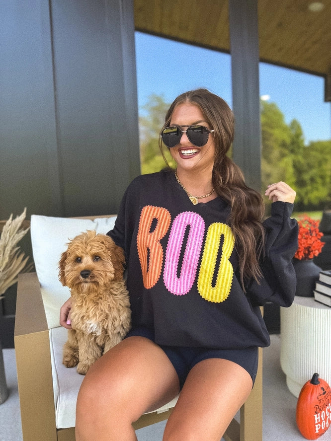 BOO Striped Split Neck Crewneck