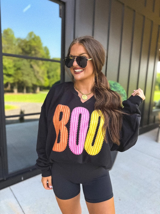 BOO Striped Split Neck Crewneck