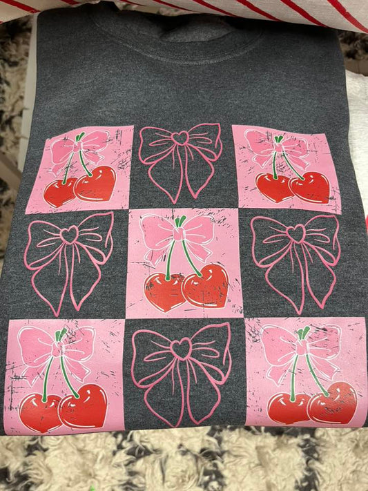 Bows & Cherry Hearts Print Crewneck Sweatshirt