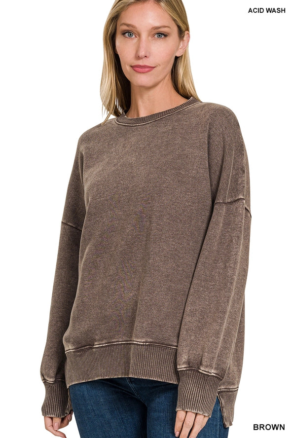 Pigment Dye Fleece Hi-Low Hem Pullover with Pocket- Brown Color