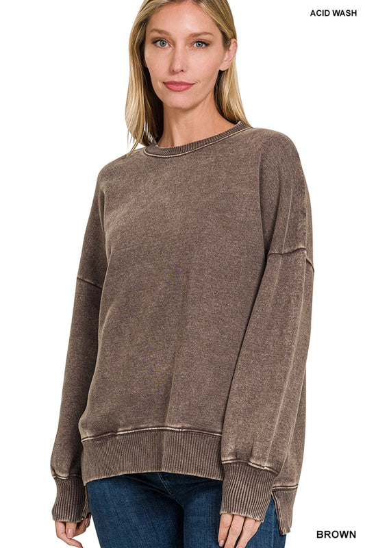 Pigment Dye Fleece Hi-Low Hem Pullover with Pocket- Brown Color
