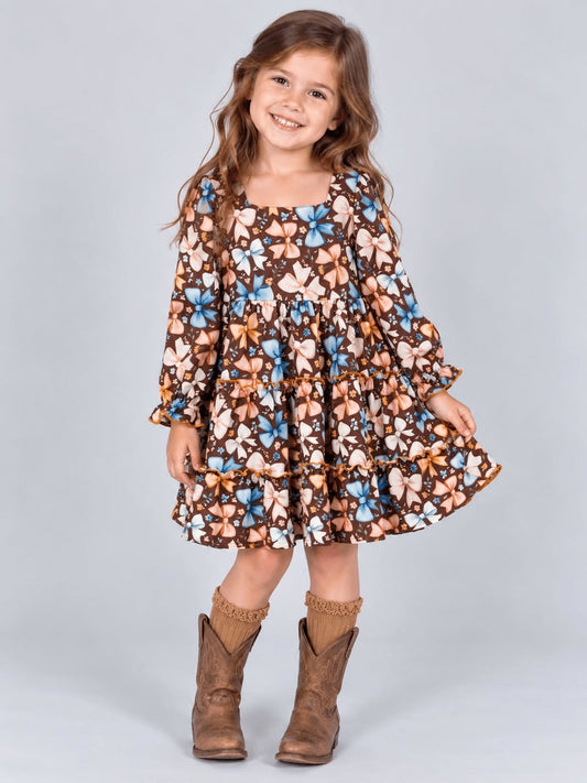 Girls Bow Print Ruffle Dress