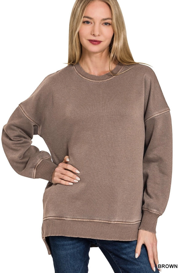 Pigment Dye Fleece Hi-Low Hem Pullover with Pocket- Brown Color