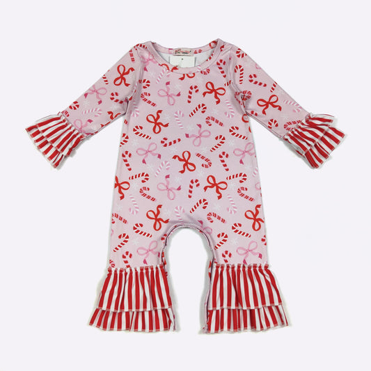 Candy Cane Bows Girls Ruffle Romper