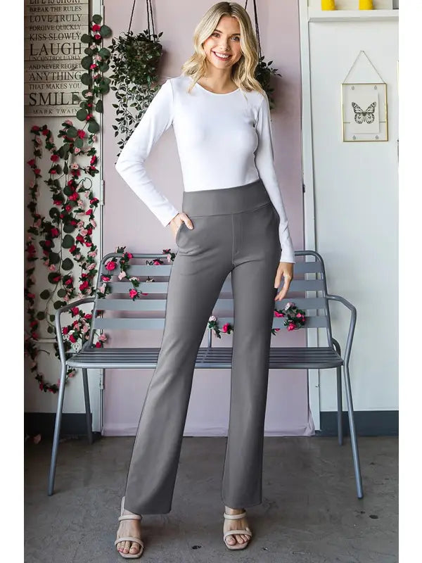 Women's Flare Dress Pants with Side Waist Band and Pocket- MULTIPLE COLORS