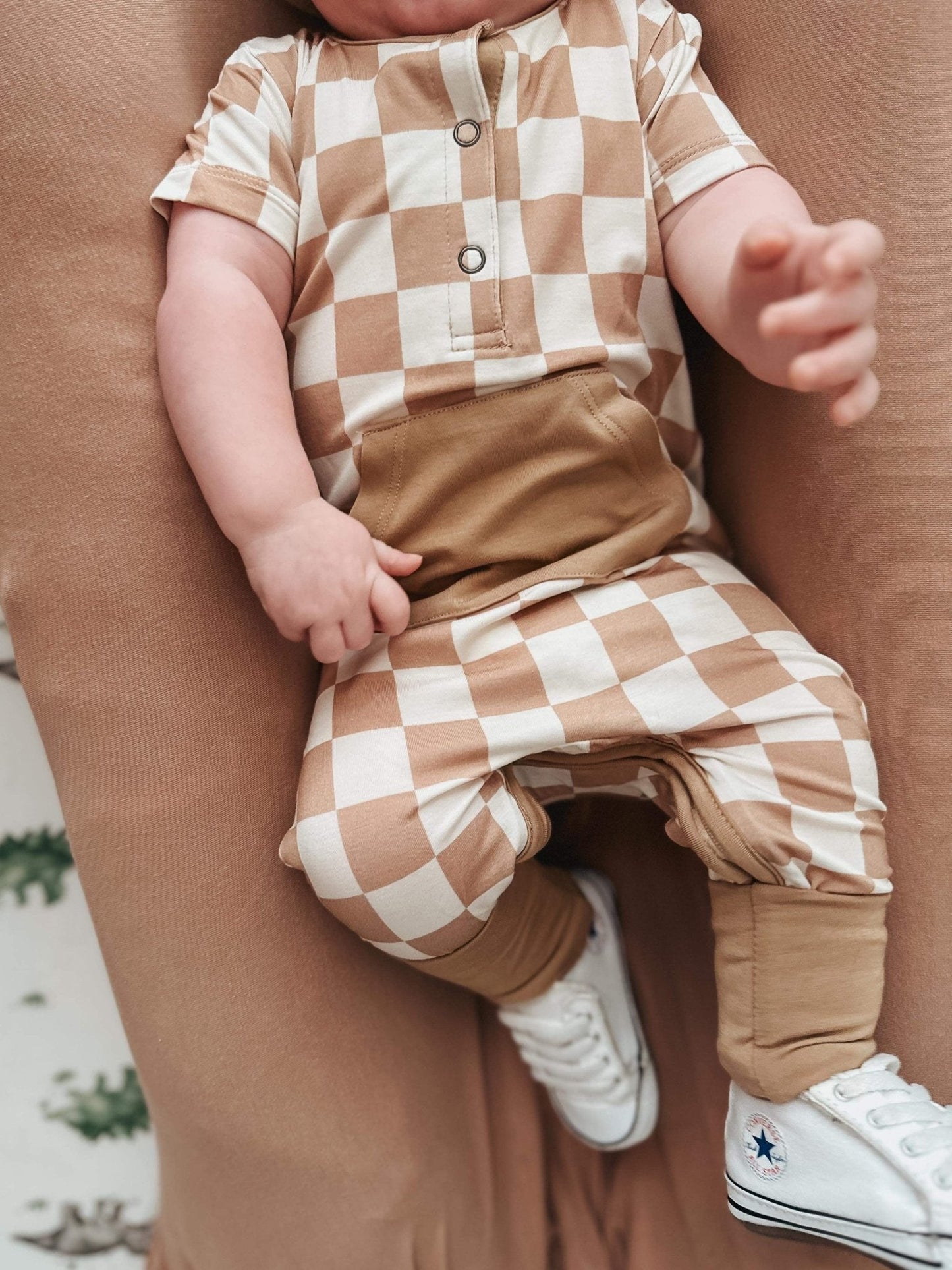 Checkered Short Sleeve Romper- Desert Tan