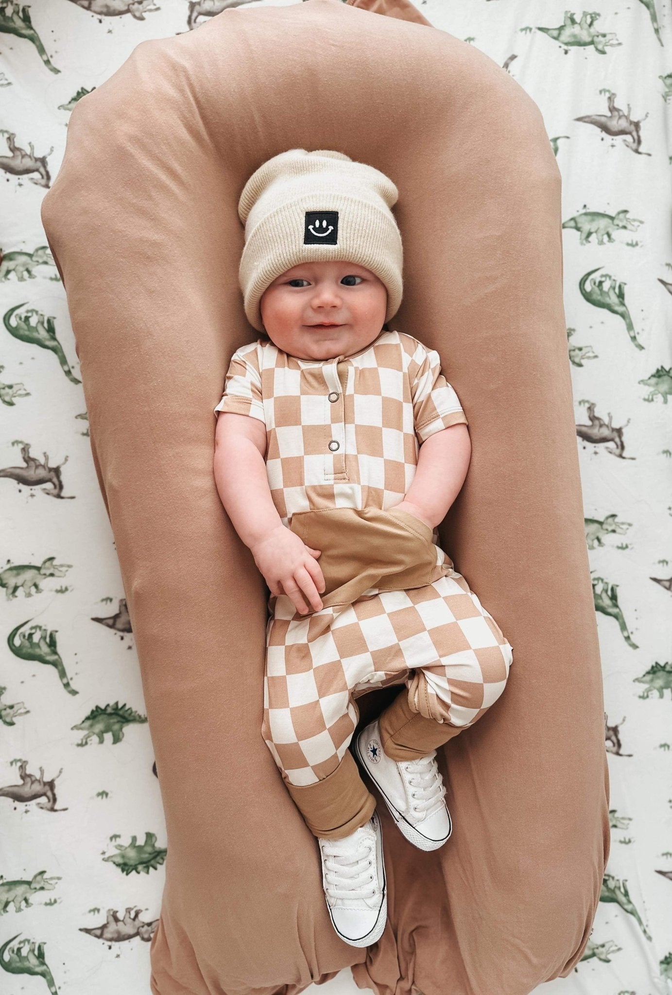 Checkered Short Sleeve Romper- Desert Tan