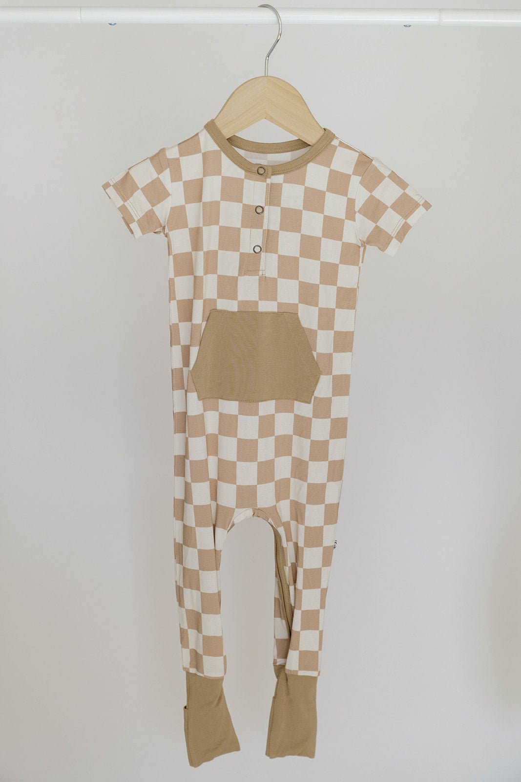 Checkered Short Sleeve Romper- Desert Tan