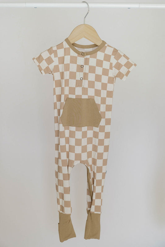 Checkered Short Sleeve Romper- Desert Tan