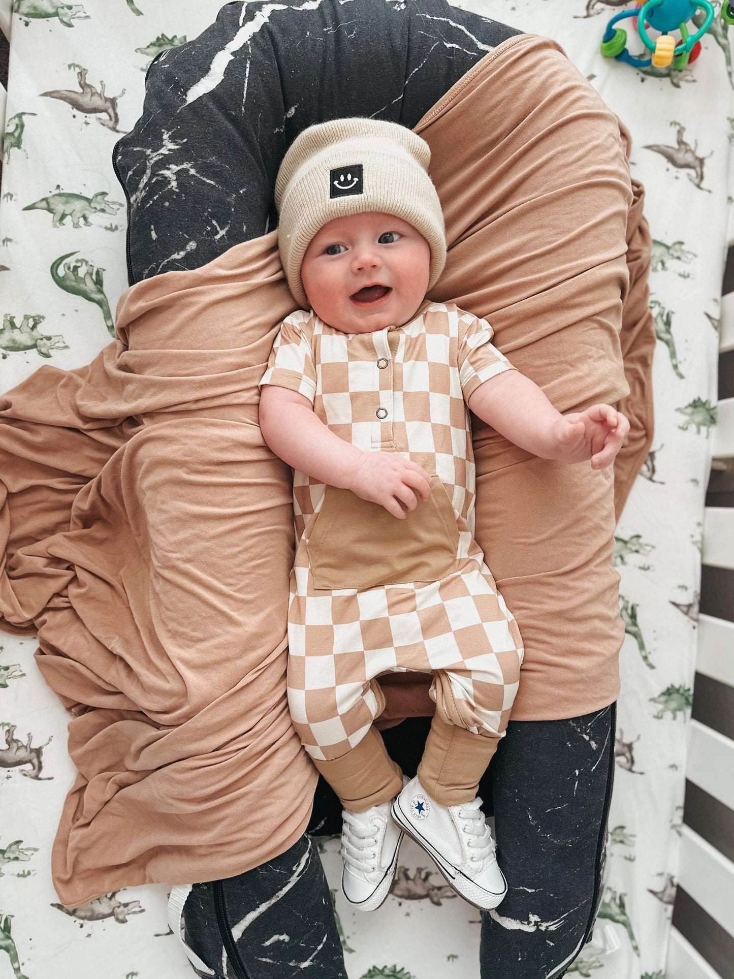 Checkered Short Sleeve Romper- Desert Tan