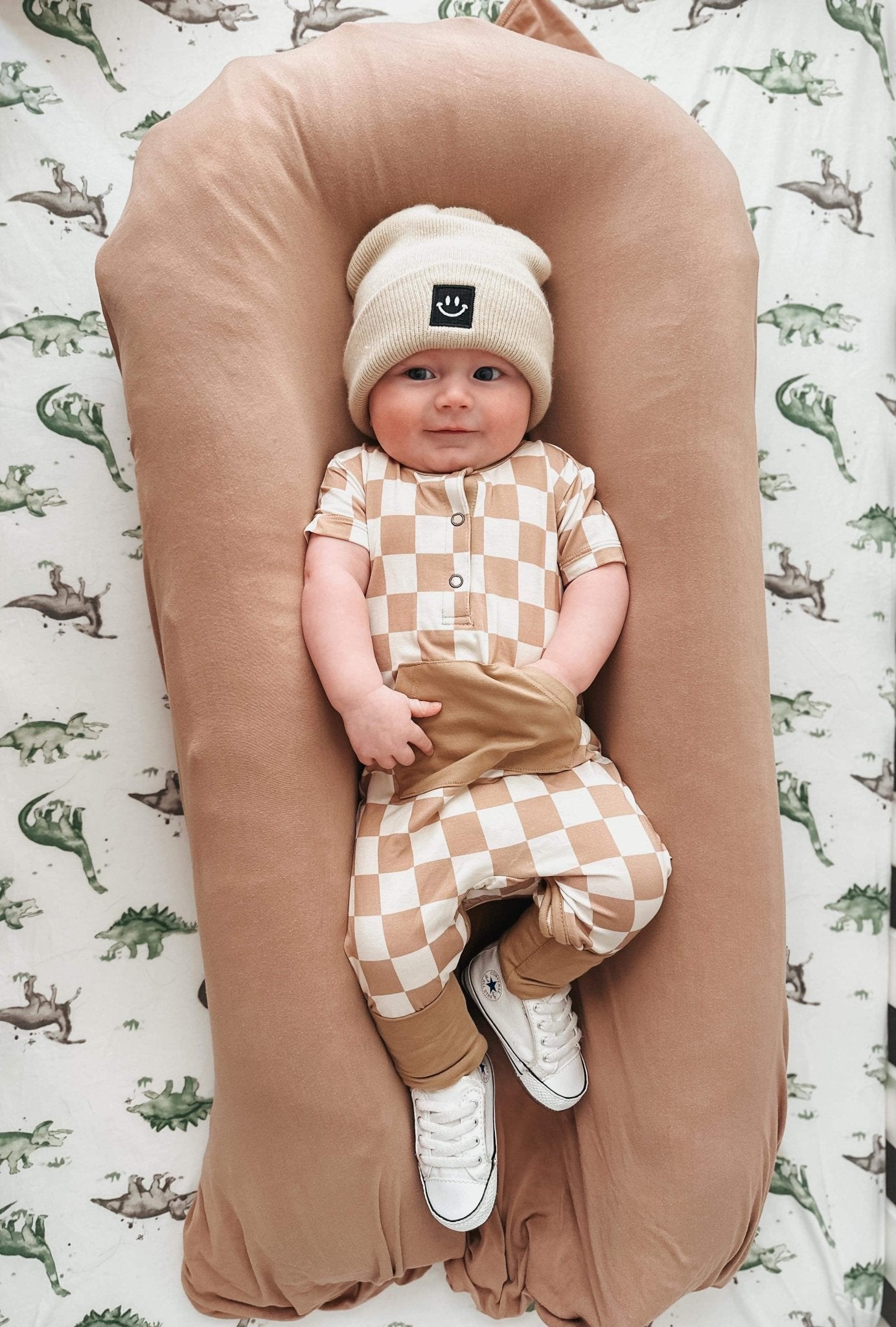 Checkered Short Sleeve Romper- Desert Tan