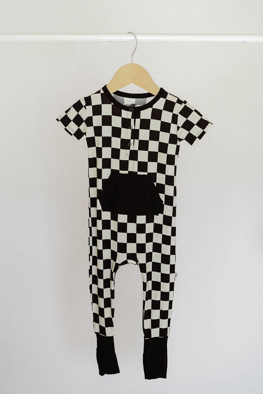 Checkered Short Sleeve Romper- Jett Black