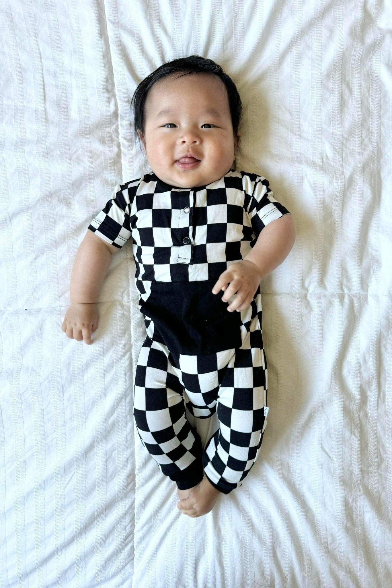 Checkered Short Sleeve Romper- Jett Black