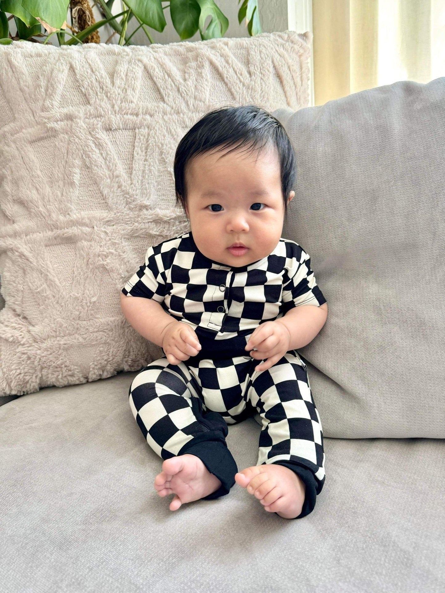 Checkered Short Sleeve Romper- Jett Black