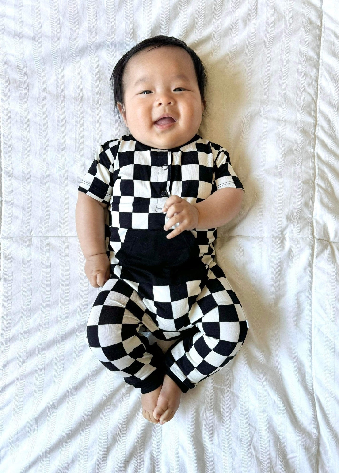 Checkered Short Sleeve Romper- Jett Black