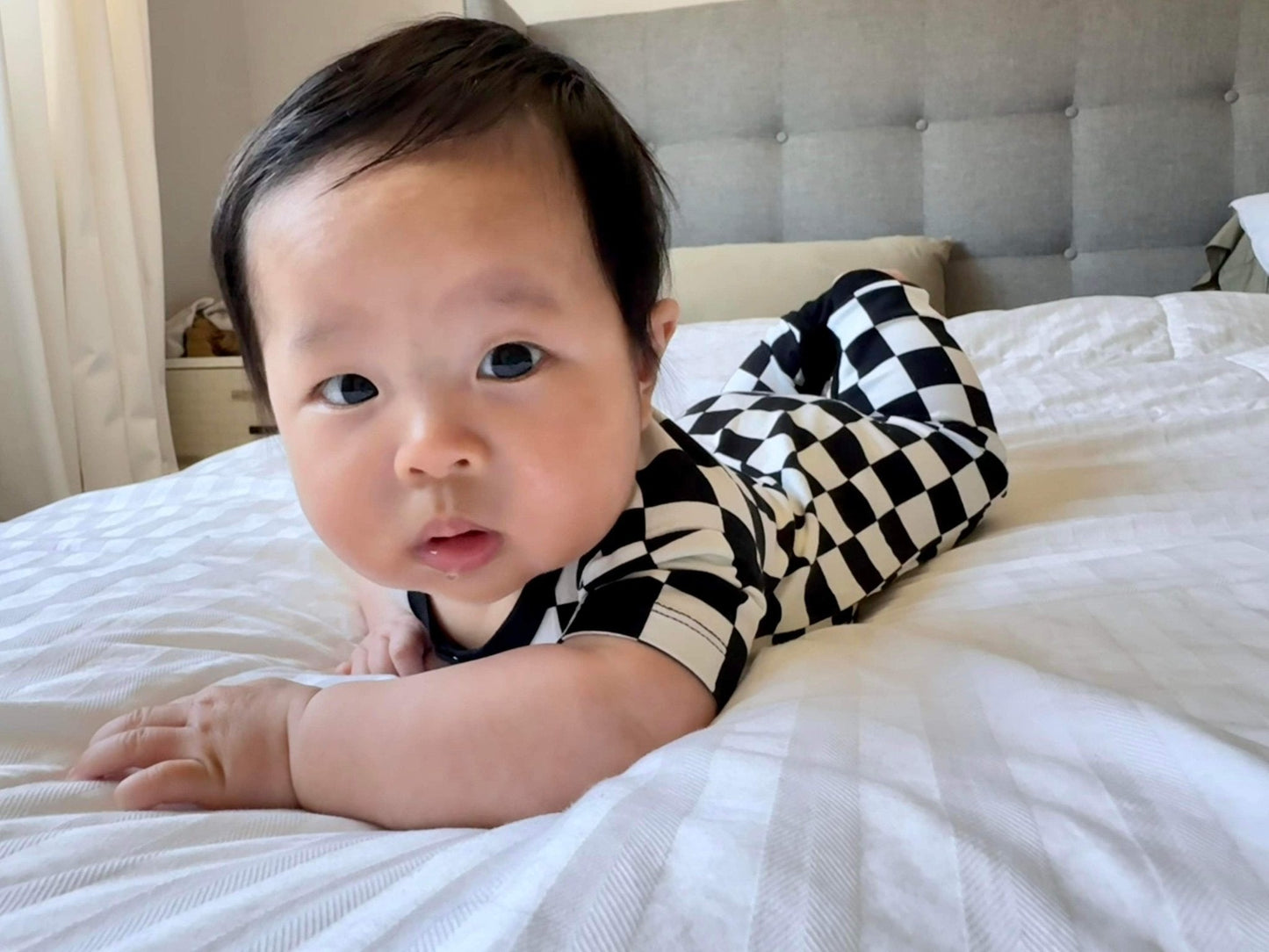 Checkered Short Sleeve Romper- Jett Black