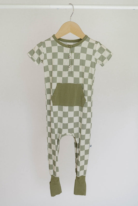 Checkered Short Sleeve Romper- Sage