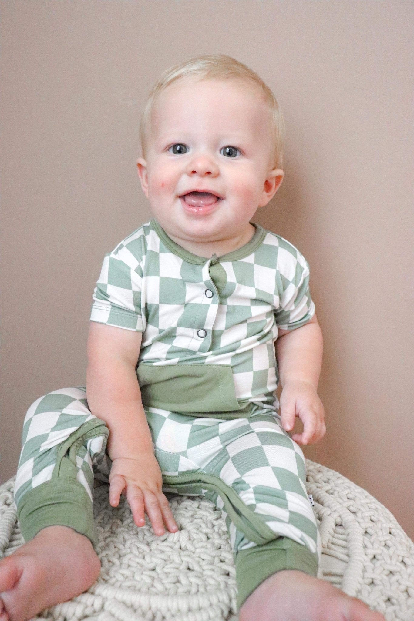 Checkered Short Sleeve Romper- Sage