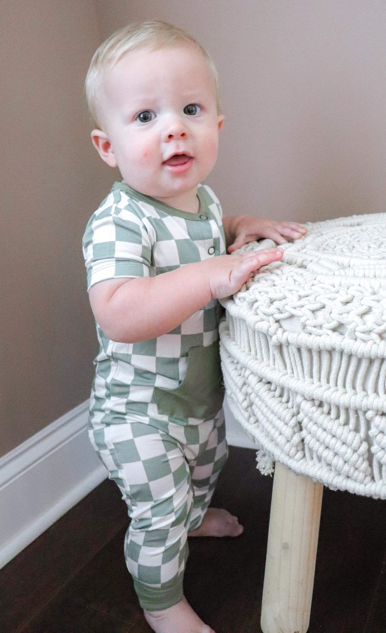 Checkered Short Sleeve Romper- Sage