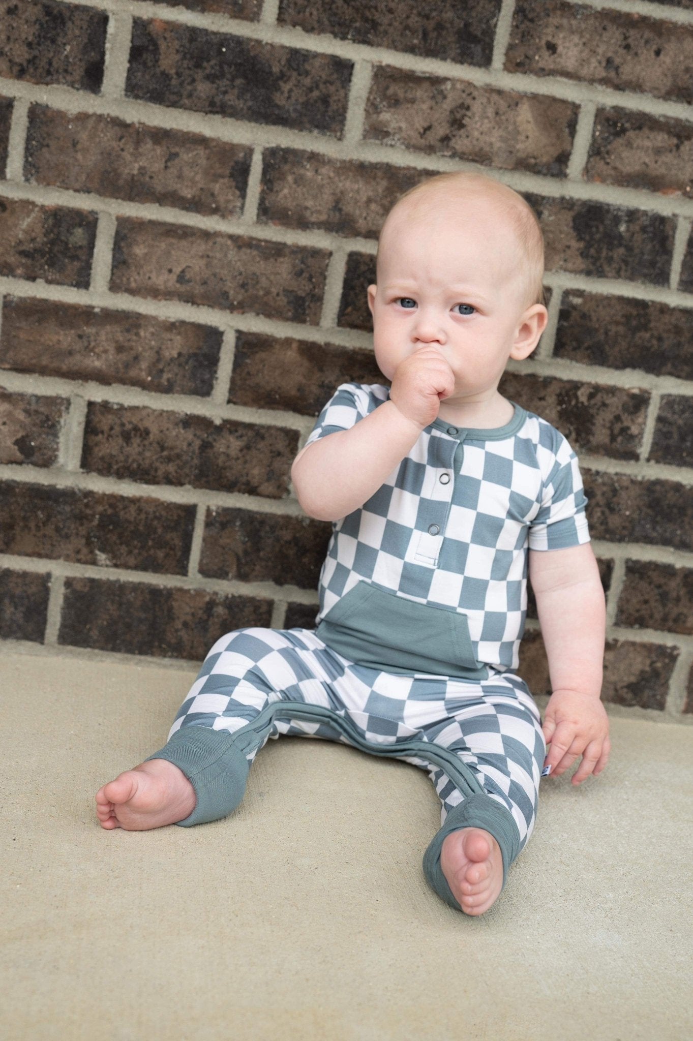 Checkered Short Sleeve Romper- Sea Blue