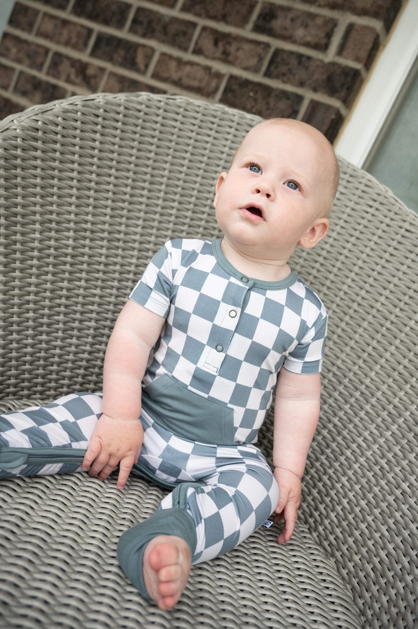 Checkered Short Sleeve Romper- Sea Blue