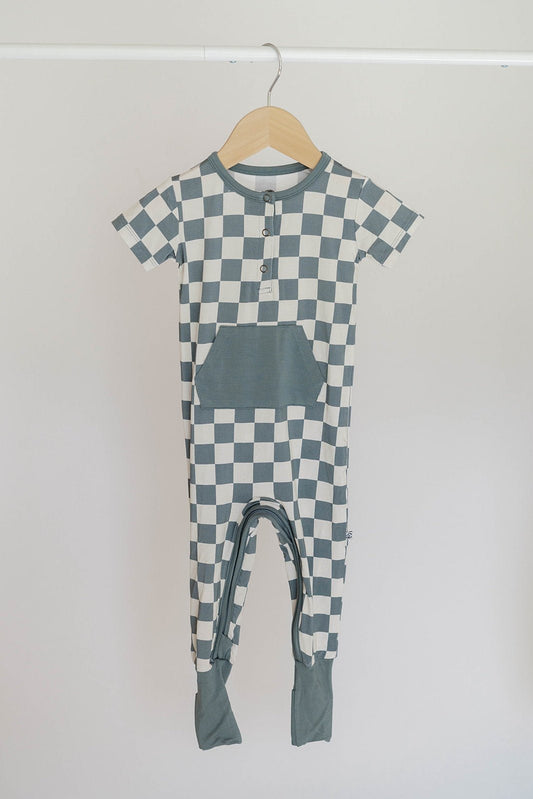 Checkered Short Sleeve Romper- Sea Blue