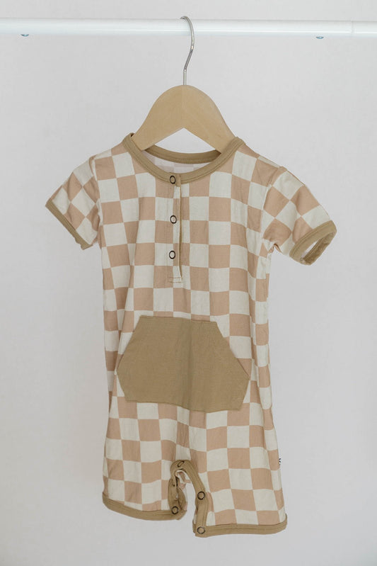 Checkered Shorty Romper - Desert tan