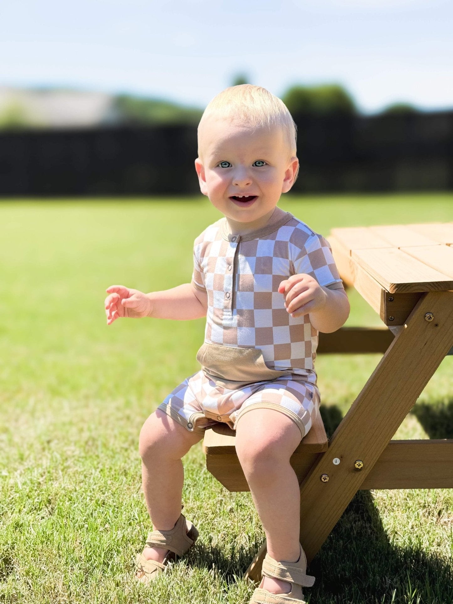 Checkered Shorty Romper - Desert tan