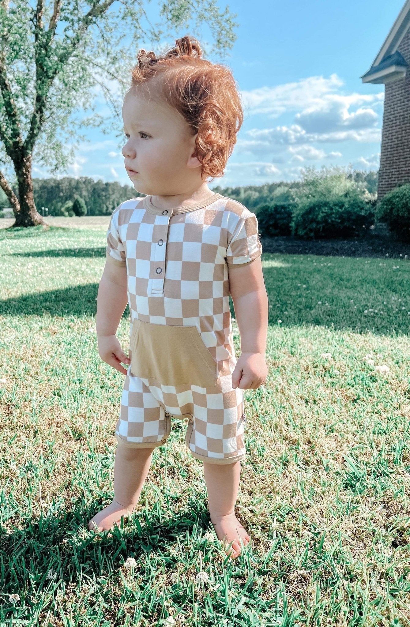 Checkered Shorty Romper - Desert tan