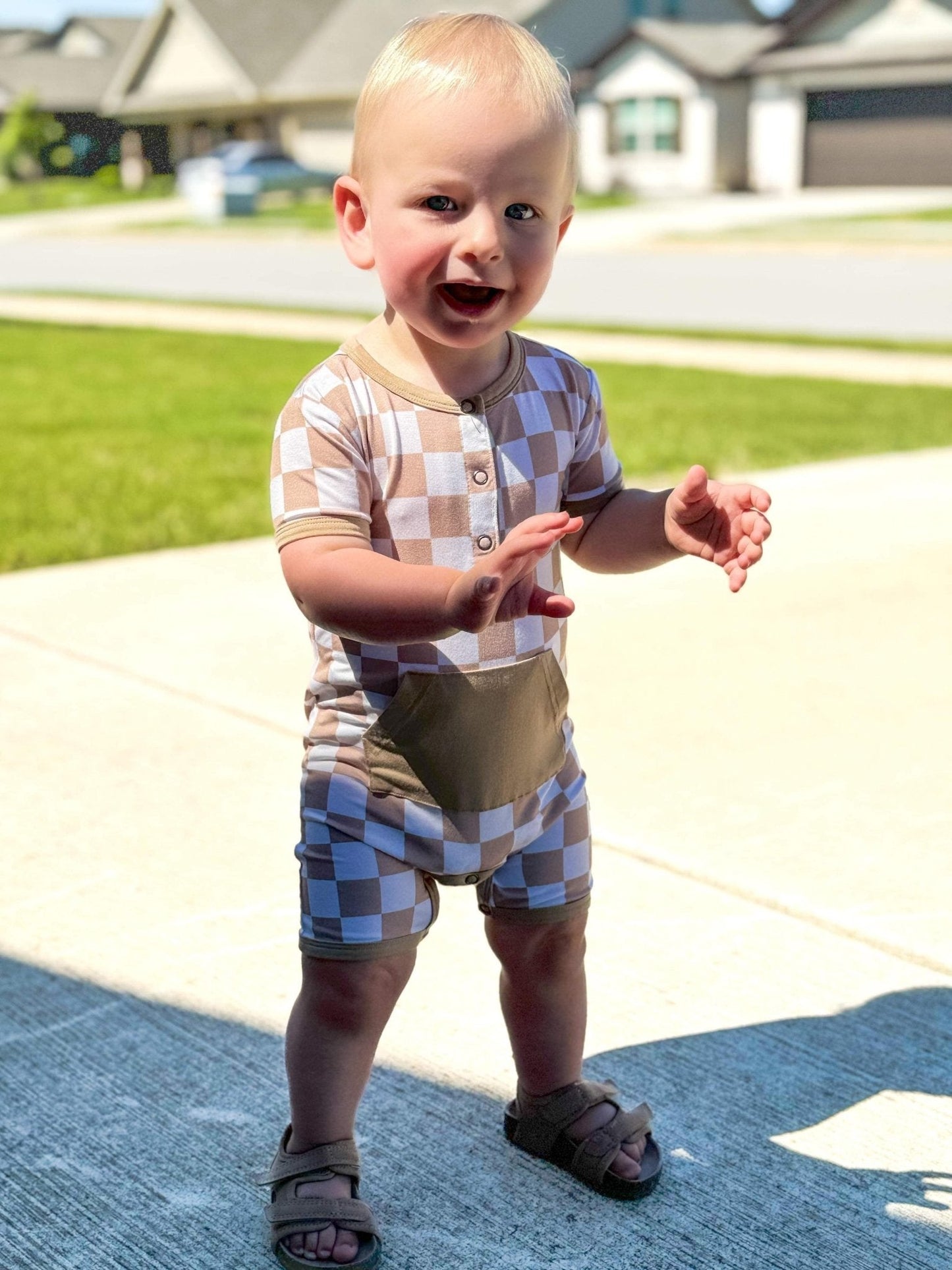 Checkered Shorty Romper - Desert tan