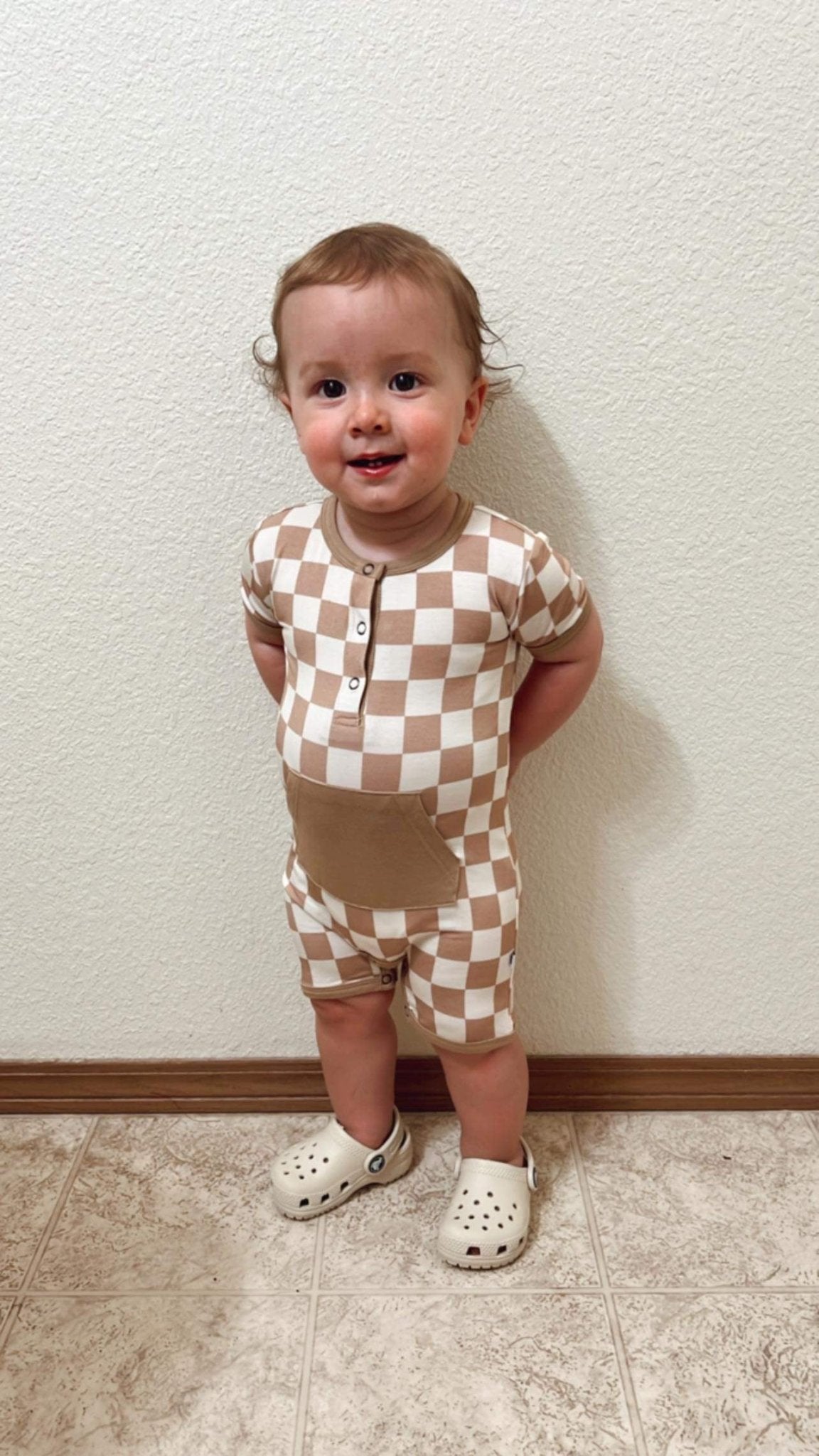 Checkered Shorty Romper - Desert tan