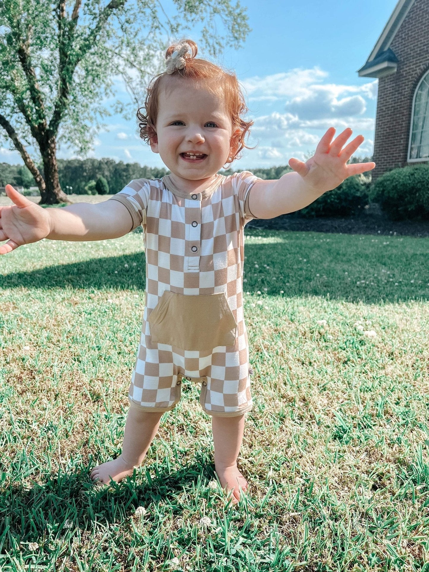 Checkered Shorty Romper - Desert tan