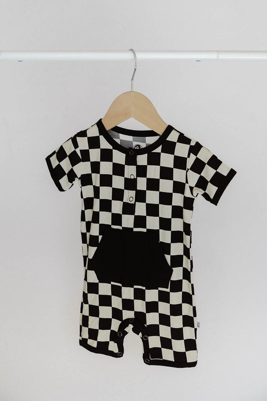 Checkered Shorty Romper - Jett Black