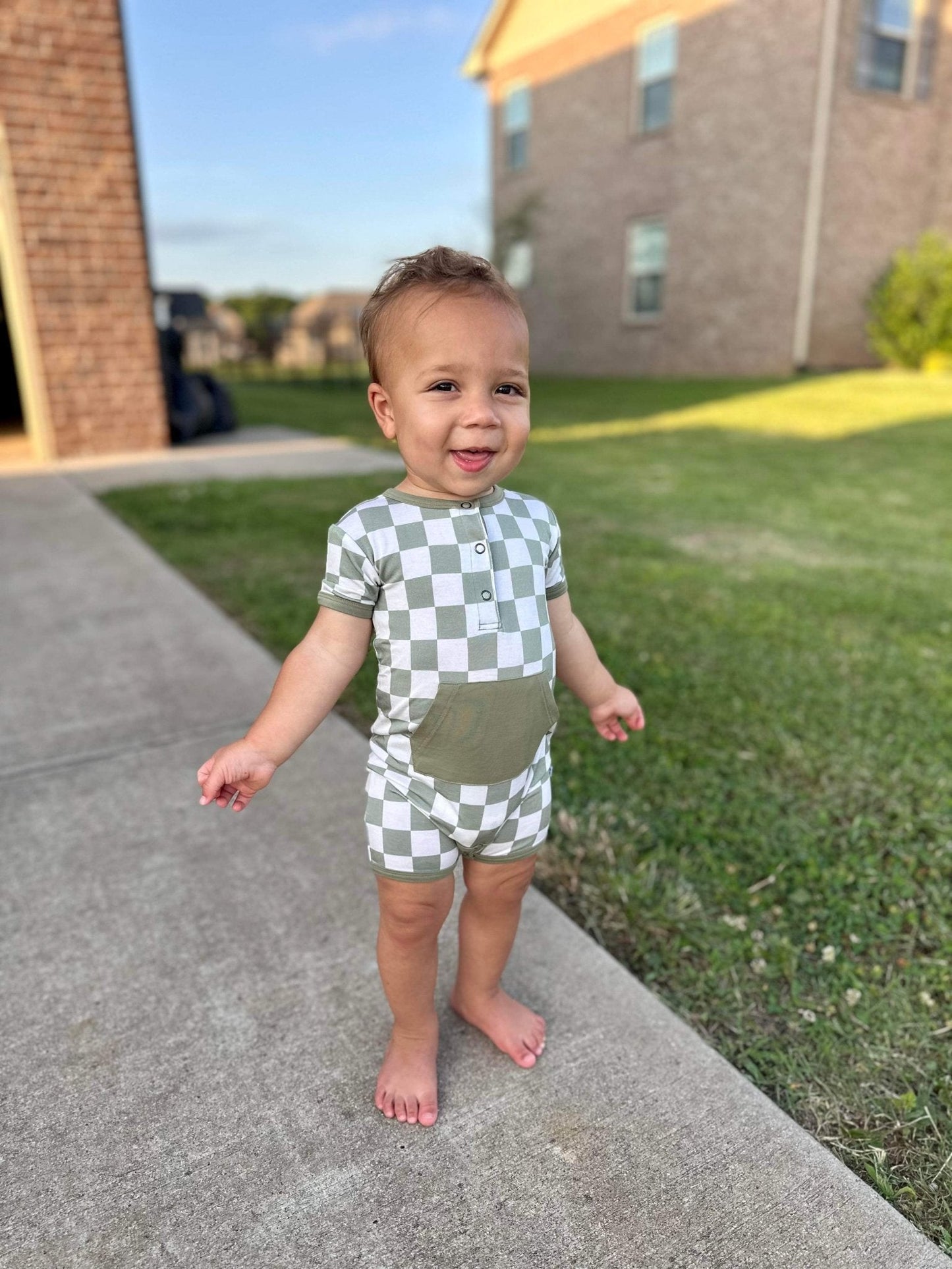 Checkered Shorty Romper - Sage