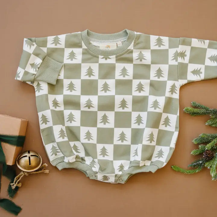 Little Joy Co. Checkered Christmas Tree Sweatshirt Bubble Romper