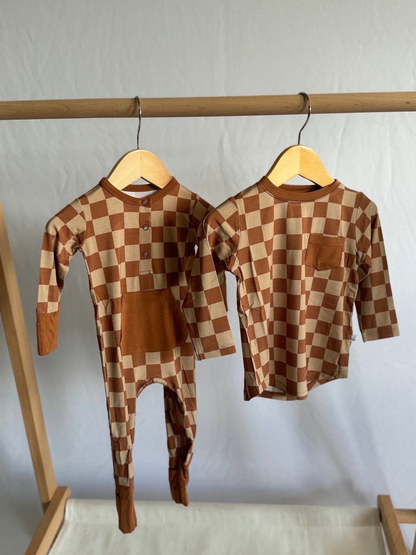 Chocolate & Tan Checkered Pocket Long Sleeve