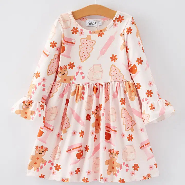 Christmas Gingerbread Print Ruffle Dress