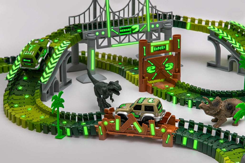 Jittery Git: Dinosaur Race Car Track Stem Glow in the Dark Toy Set