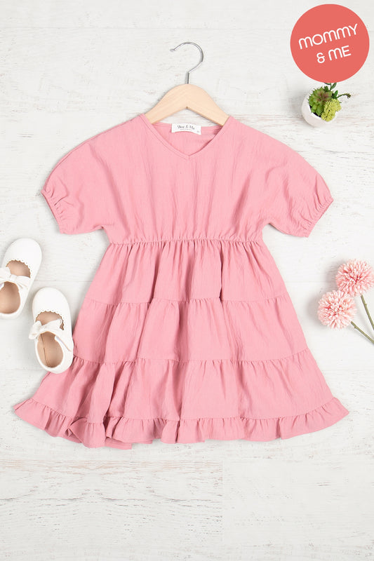 Solid V Neck Ruffle Tiered Dress- Dusty Rose