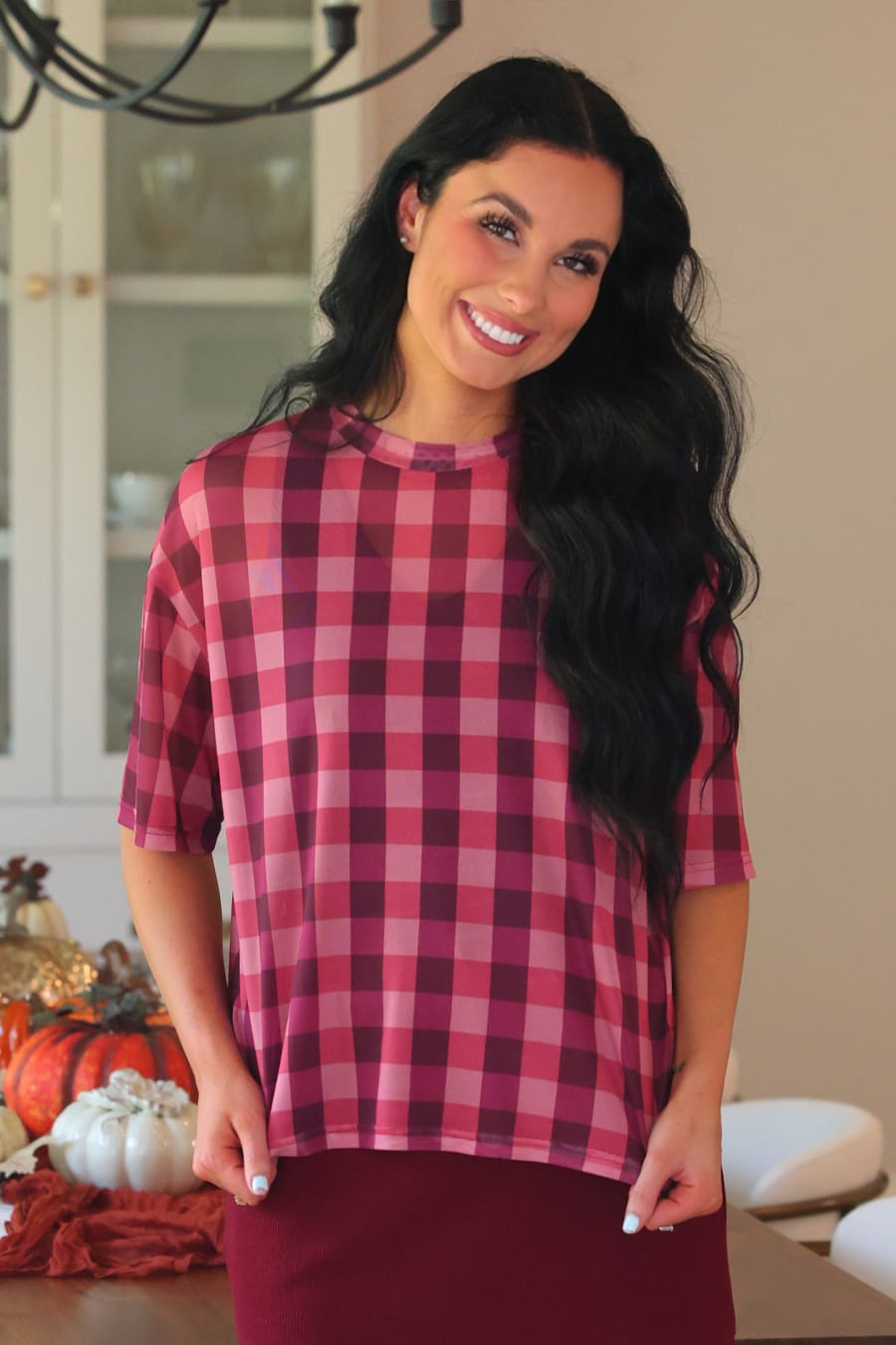 Emma Mesh Tee- Cranberry Gingham